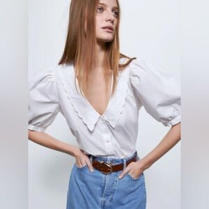 Zara White Scalloped V-Neck Puff Sleeve Blouse